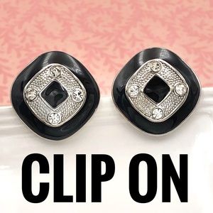 Black Square Rhinestone Silver Clip On Earrings